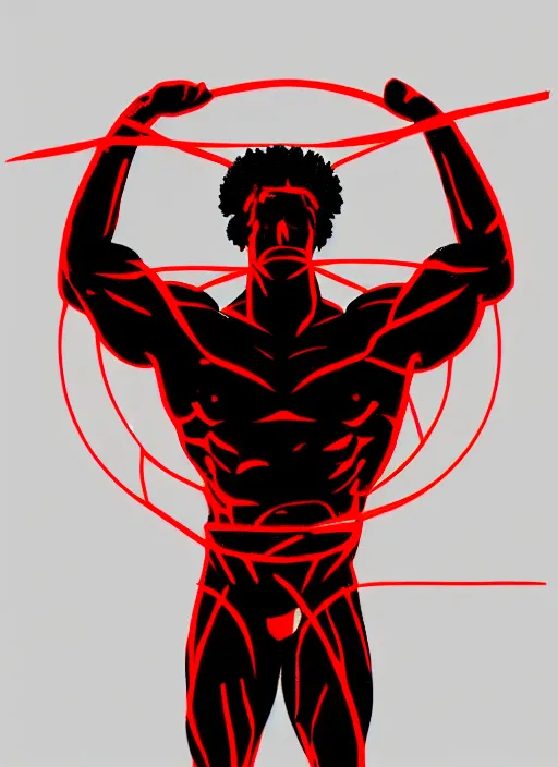 Image similar to black background, statue of hercules, thin red lines, dark, thin lines, neo vaporwave, poster art, trending on artstation