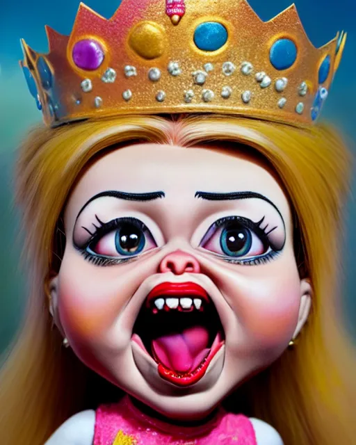 Image similar to closeup profile portrait of a tin toy ivanka trump screaming as a fairytale princess chucky doll wearing a crown and eating cakes, bikini, hyper realistic, artstation, illustration, nicoletta ceccoli, mark ryden, lostfish, max fleischer, digital paint, matte paint, vivid colors, bright, cheerful, detailed and intricate environment