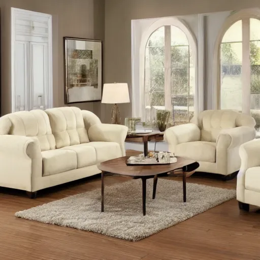 Image similar to creme colored living room set, furniture magazine, promotional photo