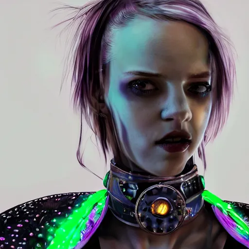 Image similar to detailed realistic cyberpunk female character cyberpunk wearing large steel collar around neck, realistic, art, beautiful, 4K, collar, choker, collar around neck, punk, artstation, detailed, female, woman, choker, cyberpunk, neon, punk, collar, choker, collar around neck, thick collar, choker around neck, wearing choker, wearing collar, bright neon punk hair, collar, choker,