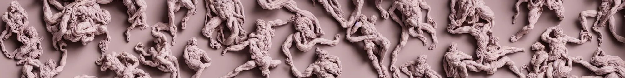 Prompt: long line-up of pink powdered laocoon and his sons struggling with twisted golden wire, intertwined full body view, plastic injection mold toys, product photography, black background