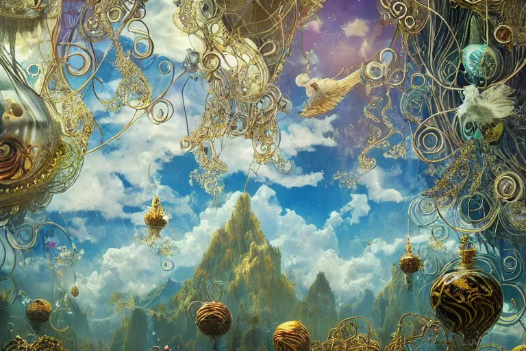 Image similar to a huge flock of many ornate intricate puffy filigreed clouds tangled into large whirling ultra detailed crystal specimens, art nouveau jungle environment, playful, award winning art, epic dreamlike fantasy landscape, ultra realistic,