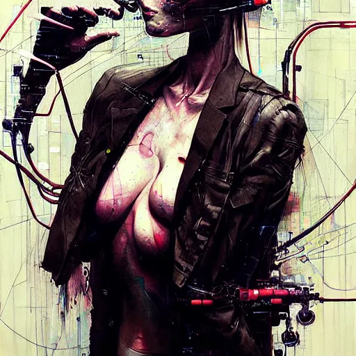 Image similar to female cyberpunk hacker dream thief, wires cybernetic implants, in the style of adrian ghenie, esao andrews, jenny saville,, surrealism, dark art by james jean, takato yamamoto