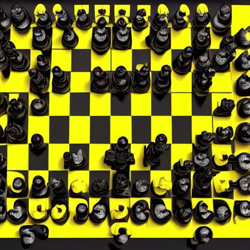 Image similar to the wu - tang clan as chess pieces on a yellow and black chessboard 8 k hyperdetailed photorealism