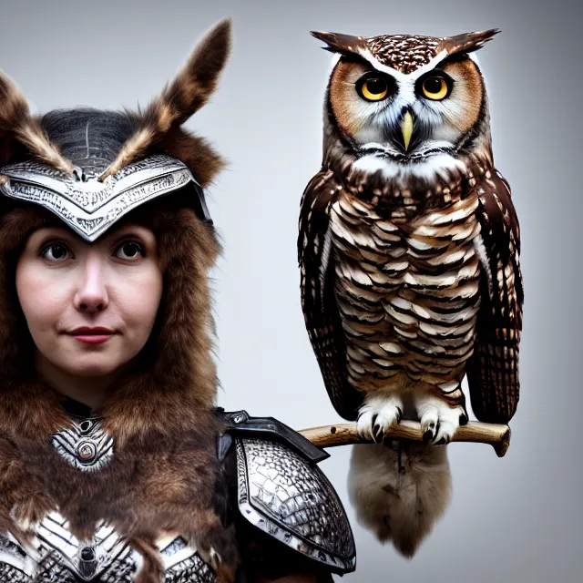 Image similar to full body photo of a beautiful cute strong warrior queen wearing owl armour, highly detailed, 8 k, hdr, smooth, sharp focus, high resolution, award - winning photo