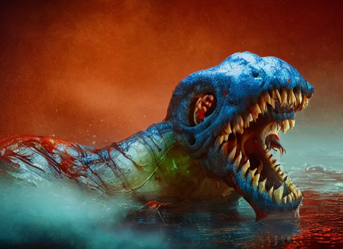 Image similar to a giant slimy creepy monster, very long slimy tongue, saliva, mouth inside a mouth, many long wet tongues, translucent skin, fangs, red glowing veins, thin blue arteries, cinematic colors, standing in shallow water, insanely detailed 8 k artistic photography, dramatic lighting