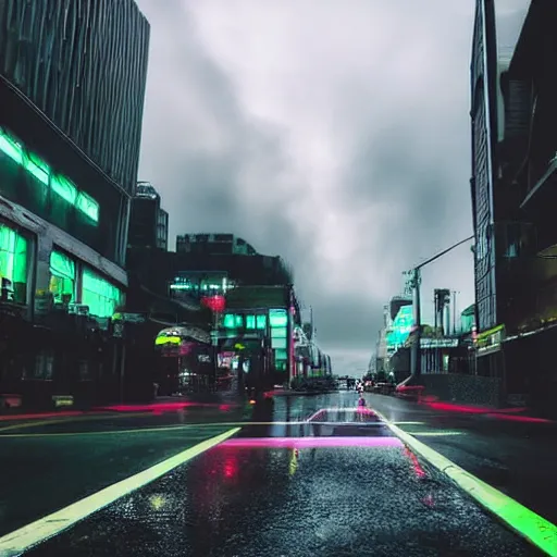 Image similar to dark neon city urban rainy low angle a single female in the center of the frame looking to the cloudy sky futuristic environment flying cars highly realistic