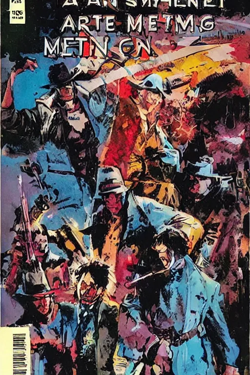 Image similar to comic cover for a book about 4 hit men arriving in the same secluded town. art by bill sienkiewicz.