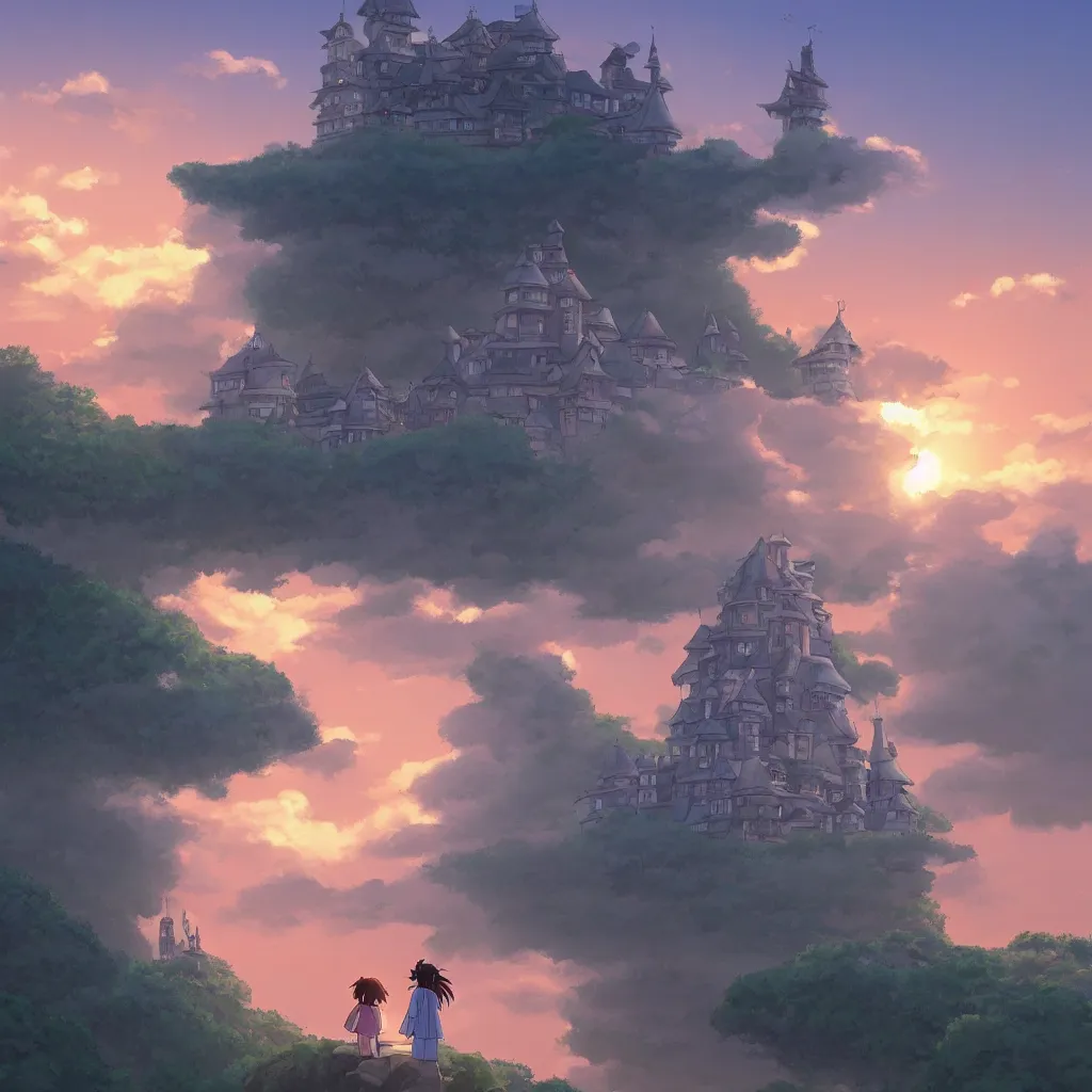 Prompt: “Studio Ghibli’s ‘Castle in the Sky’ during sunset, by Makoto Shinkai, trending on Artstation, 8k, 4k, high-res, digital art”