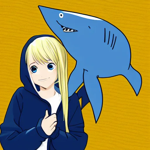 Prompt: a blonde girl in a black hoodie holding a blue-shark-stuffie, anime style digital art