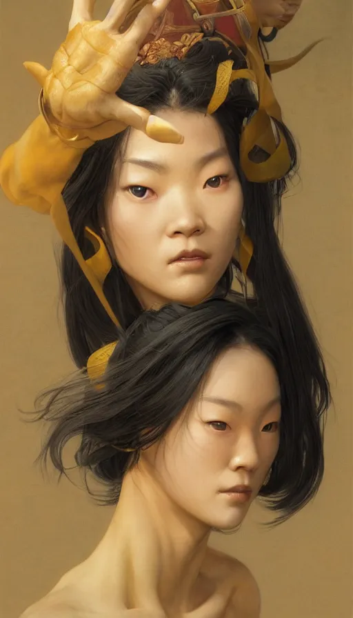 Image similar to epic masterpiece mulan, drama, sweaty skin, hyperrealistic, octane render, cinematic, beautiful face and flawless skin, perfect hands, 5 fingers, yellow by Edgar Maxence and Ross Tran and Michael Whelan and Lorenzo Sperlonga, Brom, Legends of Runeterra