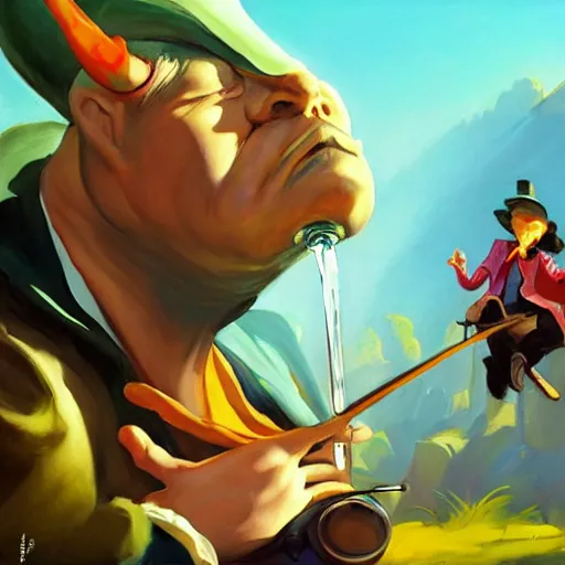 Image similar to greg manchess portrait painting of waterpipe smoking caterpillar from alice in wonderland as overwatch character, wacky, medium shot, asymmetrical, profile picture, organic painting, sunny day, matte painting, bold shapes, hard edges, street art, trending on artstation, by huang guangjian and gil elvgren and jesper ejsing