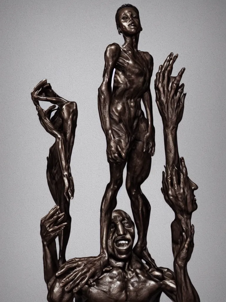 Image similar to When we deny the EVIL within ourselves, we dehumanize ourselves, and we deprive ourselves not only of our own destiny but of any possibility of dealing with the EVIL of others. Trending on art station, Dark bronze statue.