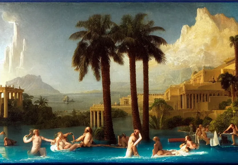 Image similar to Palace floating in heaven, 1km tall, thunderstorm, greek pool, beach and palm trees on the background major arcana sky, by paul delaroche, hyperrealistic 4k uhd, award-winning very detailed, heaven paradise