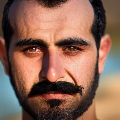 Image similar to real life photo of a Syrian man, short dark hair, goatee and moustache, blue watery eyes, full round face, short smile, serene desert setting, cinematic lightning, medium shot, mid-shot, highly detailed, photorealistic, 80mm, 85mm, cinematic wallpaper