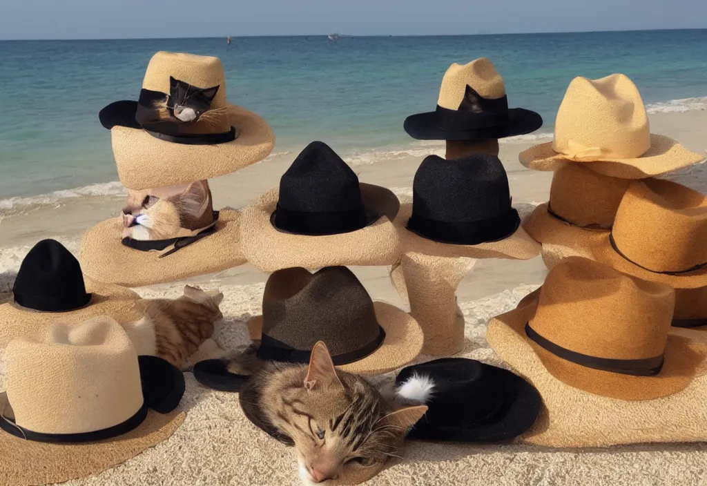 Image similar to cats wearing fedoras relaxing on a beach