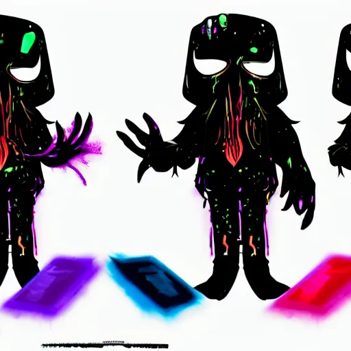 Prompt: character design sheets for a new sinister vampire squid character, artwork in the style of splatoon from nintendo, art by tim schafer from double fine studios, black light, neon, spray paint, punk outfit, tall thin toothpick like frame, adult character, fully clothed, color explosion, spray paint, colorful, gothic rainbow, sparkles and glitter, pop art