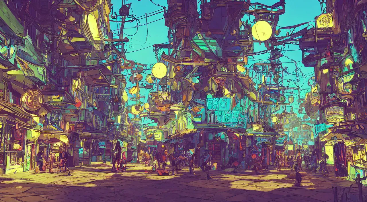 Prompt: bazaar zouk oriantal full color sky shine place mosquet painting stylized cutout vector digital illustration video game icon global illumination ray tracing that looks like it is from borderlands by victo ngai, andreas rocha, john harris and feng zhu and loish and laurie greasley,