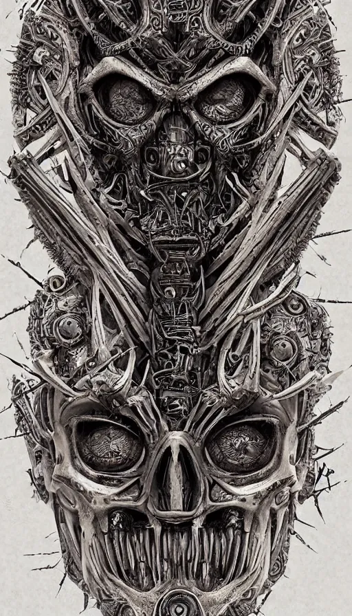 Image similar to ancient biomechanical hybrid aztec fantasy beautiful undead symmetrical human face skull mask tattoo pattern concept, teonanacatl glyph, intricate artwork by, Johnatan Wayshak, Zdizslaw Beksinski, face by Artgerm, H.R. Giger, very coherent artwork, cinematic, hyper realism, high detail, octane render, unreal engine, 8k, High contrast, higly detailed black ink outline, crosshatch sketch gradient