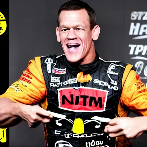 Prompt: john cena on a f 1 race car, eating a pizza, holding a stereo speaker