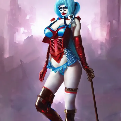 Image similar to portrait of anime Harley Quinn in bikini armor, dc comics, cyberpunk, Warhammer 40000, dark fantasy, digital art from artstation by Ruan Jia and Mandy Jurgens and Artgerm and william-adolphe bouguereau