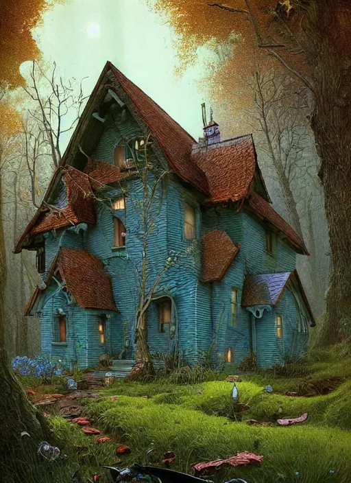 Image similar to hyper realistic homely ornate modern witch cottage far away in the woods gorgeous lighting, blue sky, highly detailed, lush forest by zdzisław beksinski and norman rockwell and greg rutkowskiweta studio, and lucasfilm