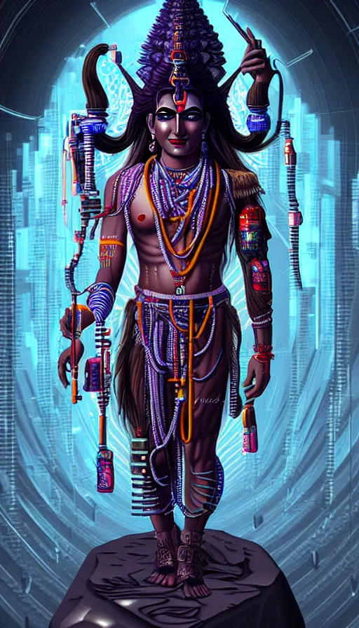 Image similar to indian god shiva, cyberpunk art by kuno veeber, cgsociety, computer art, ultra detailed, futuristic, anime aesthetic