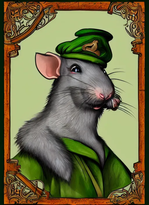 Prompt: portrait picture of a gray anthropomorphic rat with beard and jewelry, green eyes, tricorne hat, green robe, D&D, digital art