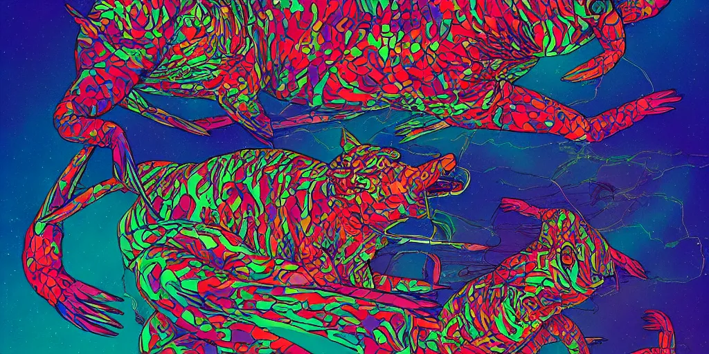Image similar to electric cats that fly over ice, a lot of tv screens around, shrimps are all over the ground, acid and dreaming psychedelic hallucinations, by moebius, colorful flat surreal design, hd, 8 k, artstation
