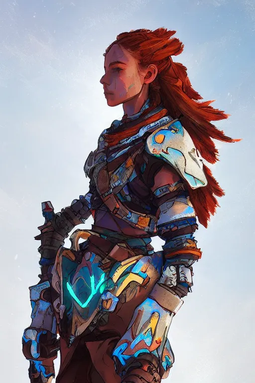 Image similar to combination suit armor aloy horizon forbidden west horizon zero dawn radiating a glowing aura global illumination ray tracing hdr fanart arstation by ian pesty and alena aenami artworks in 4 k tribal robot ninja mask helmet backpack