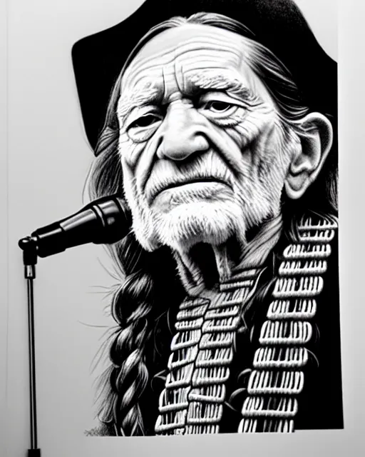 Image similar to a photorealistic portrait of willie nelson singing, pencil drawing, hyperrealist