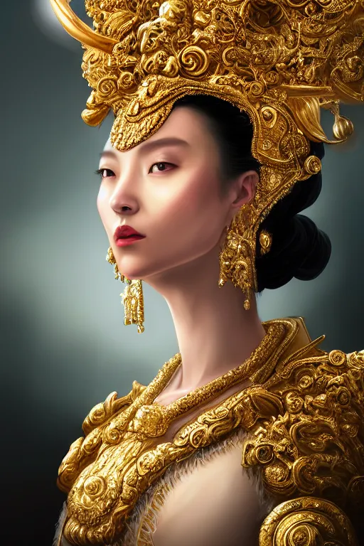 Image similar to a beautiful empress portrait, with a brilliant, impossible striking shiny big gold headpiece, reflective surface, gold clothes, rococo, baroque, jewels, asian, realistic, studio lighting, closeup, D&D, fantasy, intricate, elegant, highly detailed, digital painting, artstation, octane render, 8k, concept art, matte, sharp focus, illustration, art by Artgerm and Greg Rutkowski and Alphonse Mucha