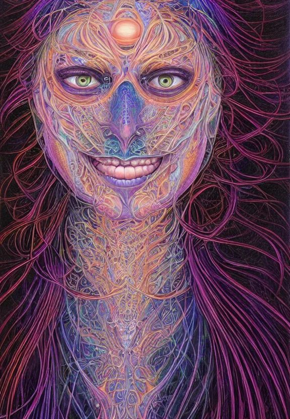 Prompt: perfectly centered portrait front view of a beautiful biomechanical moon goddess, flowing hair, intense stare, sweet smile, symmetrical, concept art, intricate detail, volumetric shadows and lighting, psychedelic colors, realistic oil painting by alex grey,