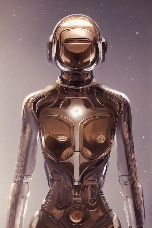 Image similar to full figure portrait of a female android made of chrome and woodgrain, lean sleek styling, feminine curves, reflective, inscribed etched with gnostic runes, by jessica rossier