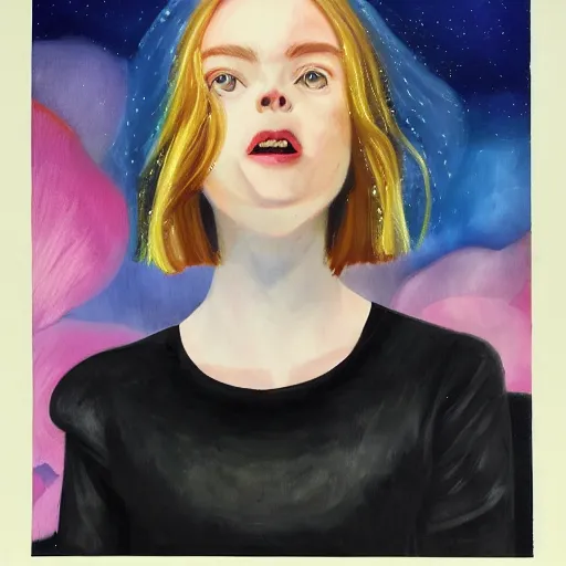 Image similar to alternative movie poster starring Elle Fanning, oil on canvas,