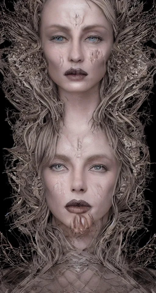 Image similar to a single faced portrait of the enchantress queen with a stunning timeless beauty, breathtaking eyes, perfect skin, feathered eyelashes, royal gothic dress with a lot of leather, heavy silent hill aesthetic, incredibly intricate, digital art, blender, houdini & photoshop, very elegant & complex, hyper-maximalist, overdetailed, epic cinematic quality, biblical art lighting, photorealistic, lifelike, OLED, DSLR HDR 8k, face is the focus, facial feature symmetry, hyper composed, created by Nixeu & z--ed from deviantart