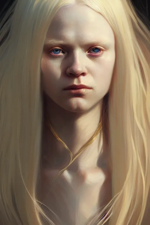 Image similar to Close-up portrait of young albino girl, long blonde hair, dark fantasy, portrait, highly detailed, digital painting, artstation, concept art, sharp focus, illustration, art by artgerm and greg rutkowski and alphonse mucha