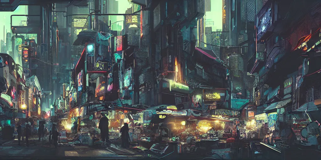 Image similar to busy sci - fi flea market, artstation contest winner. cyberpunk, dark and moody