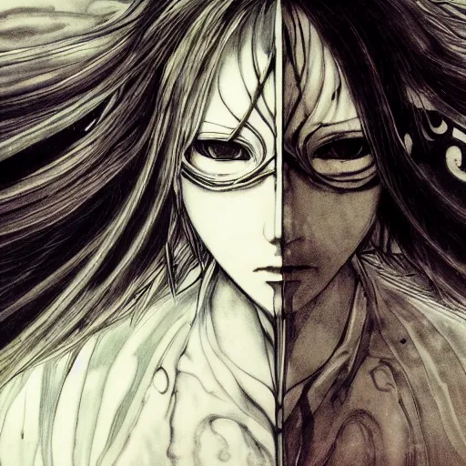 Image similar to yoshitaka amano blurred and dreamy illustration of an anime girl with pirate eye patch, wavy white hair and cracks on her face wearing elden ring armour with the cape fluttering in the wind, abstract black and white patterns on the background, noisy film grain effect, highly detailed, renaissance oil painting, weird portrait angle