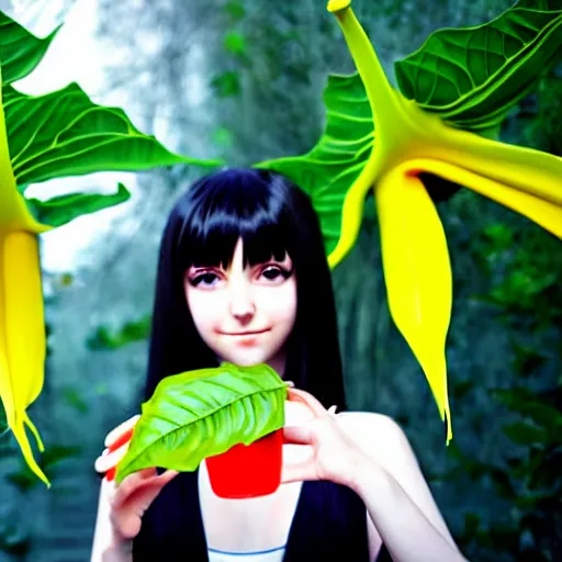 Image similar to pale anime girl with black hair, holding brugmansia flower in her hand, colour