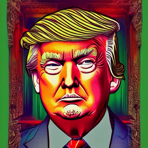 Prompt: the portrait donald trump, an ultrafine detailed illustration by james jean, intricate linework, bright colors, behance contest winner, vanitas, angular, altermodern, unreal engine 5 highly rendered, global illumination, radiant light, detailed and intricate environment