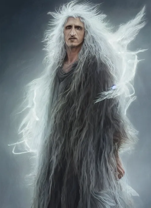 Image similar to Portrait of Sean Penn, white glowing eyes, silver shaggy hair, cloak, ethereal wings, male, fantasy, extremely detailed, digital painting, artstation, concept art, smooth, sharp focus, illustration, stunning lighting, art by artgerm and alphonse mucha and simon stalenhag, realistic character concept, high fantasy, light atmosphere, golden ratio, cinematic lighting, hyperdetailed, high resolution, insanely detailed and intricate, Marc Simonetti, Greg Rutkowski, 8k