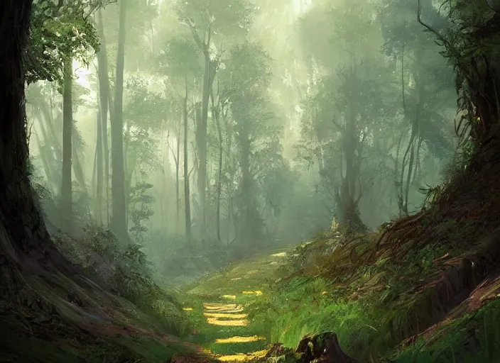 Image similar to A beautiful pathway in a forest, lush trees, a fantasy digital painting by Greg Rutkowski and James Gurney, trending on Artstation, highly detailed