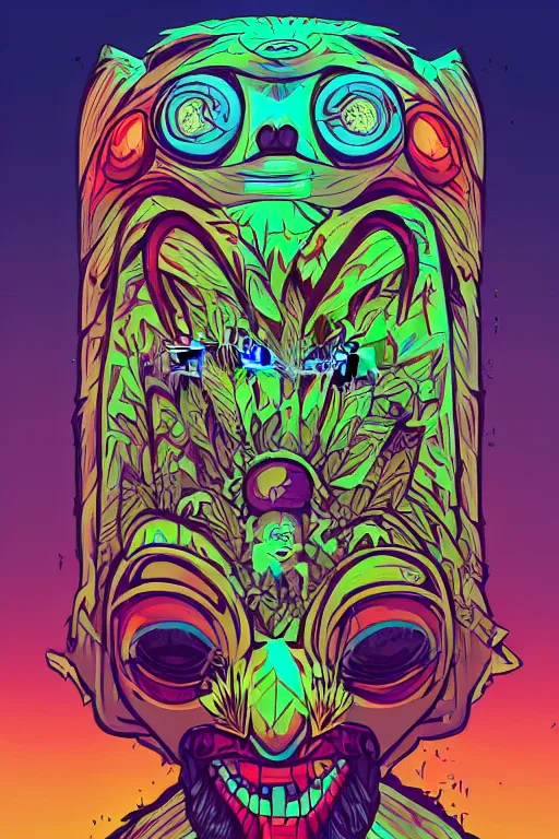 Image similar to totem animal mask tribal feather gemstone plant wood rock shaman vodoo video game vector illustration vivid multicolor borderlands comics by josan gonzales and dan mumford radiating a glowing aura