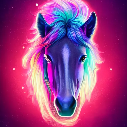 Prompt: digital horse, retrowave palette, highly detailed, anatomically correct equine, synth feel, smooth face, ear floof, flowing mane parted to one side, no reins, super realism, accurate animal imagery, 4 k, digital art