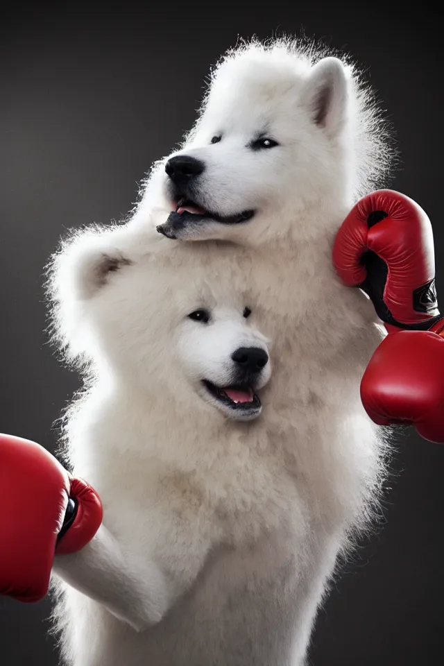 Prompt: samoyed dog head on a human body as a muay thai kickboxer, gloves on hands, Rajadamnern Stadium, world championship fight, photorealistic, cinematic lighting, 4k