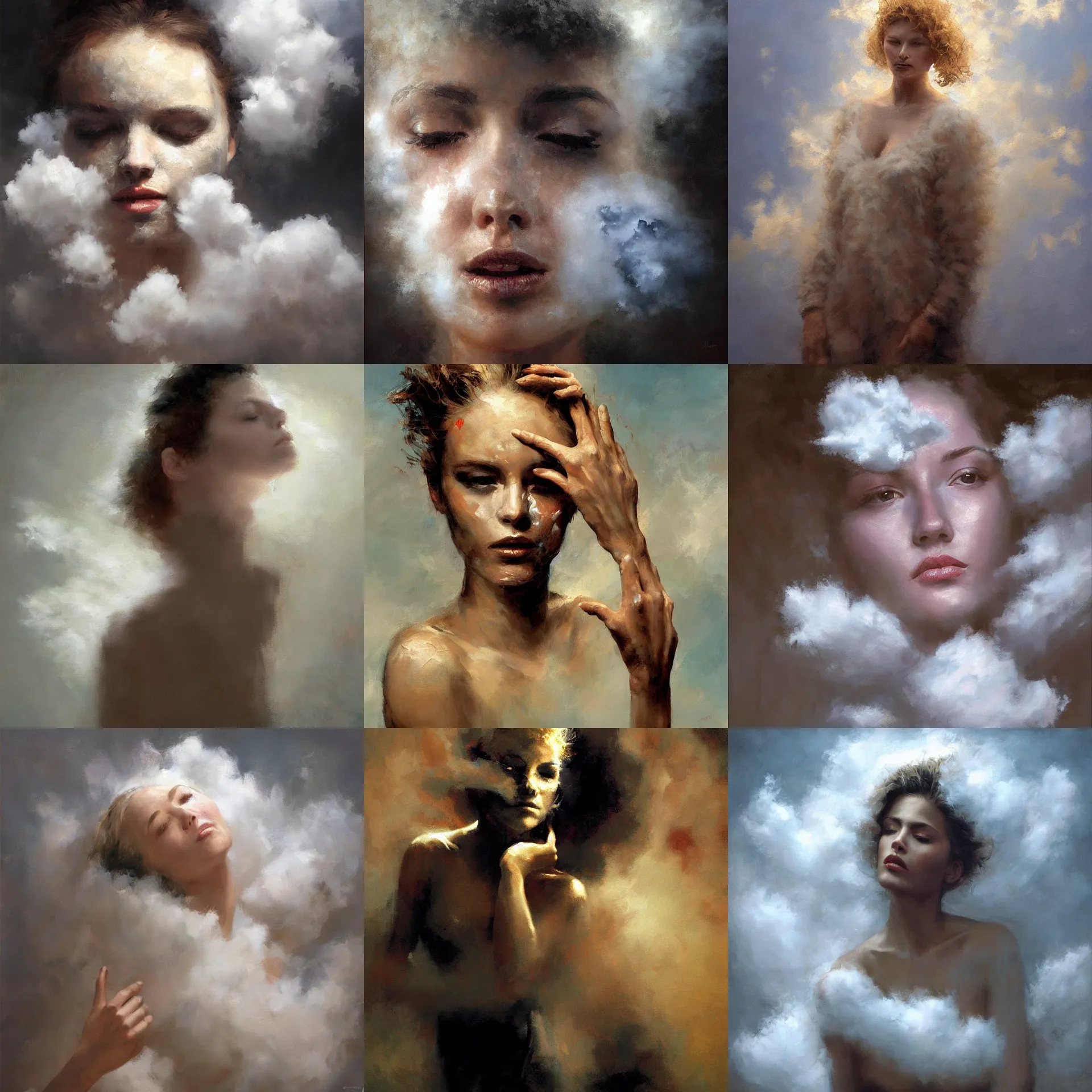 Prompt: surreal painting of a woman's face made of fluffy clouds, eyes covered by hands painted by craig mullins, dramatic lighting