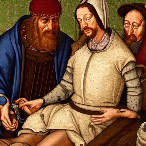 Prompt: detailed portrait of a medieval doctor performing treatment on a peasant, 4 k high detail, scientific