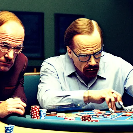 Prompt: saul goodman and walter white playing poker, ultra realistic, cinematic