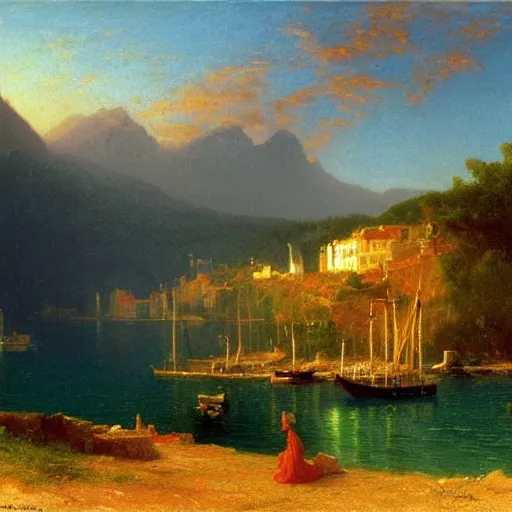 Prompt: scenic view of a Mediterranean small harbor, overcast dawn, painting by albert bierstadt thomas cole craig mullins